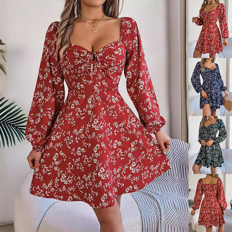 Women's Floral Chiffon Square-Neck Lantern-Sleeve Mini Dress