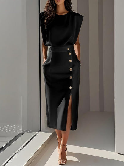 Women's Sleeveless Button-Front Midi Dress with Slit (photo 2)