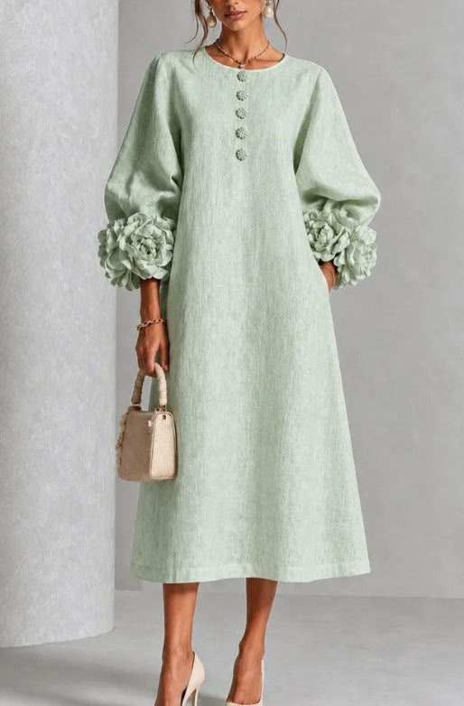Women's A-Line Midi Dress with 3D Floral Details and Puff Sleeves (photo 10)