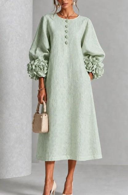 Women's A-Line Midi Dress with 3D Floral Details and Puff Sleeves (photo 10)
