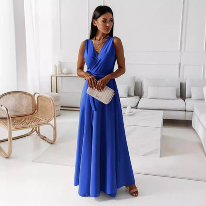 Women's V-Neck Sleeveless Maxi Dress with Belt (photo 7)