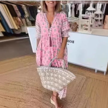 Women's Boho Print Lantern-Sleeve Ruffle Maxi Dress (photo 6)