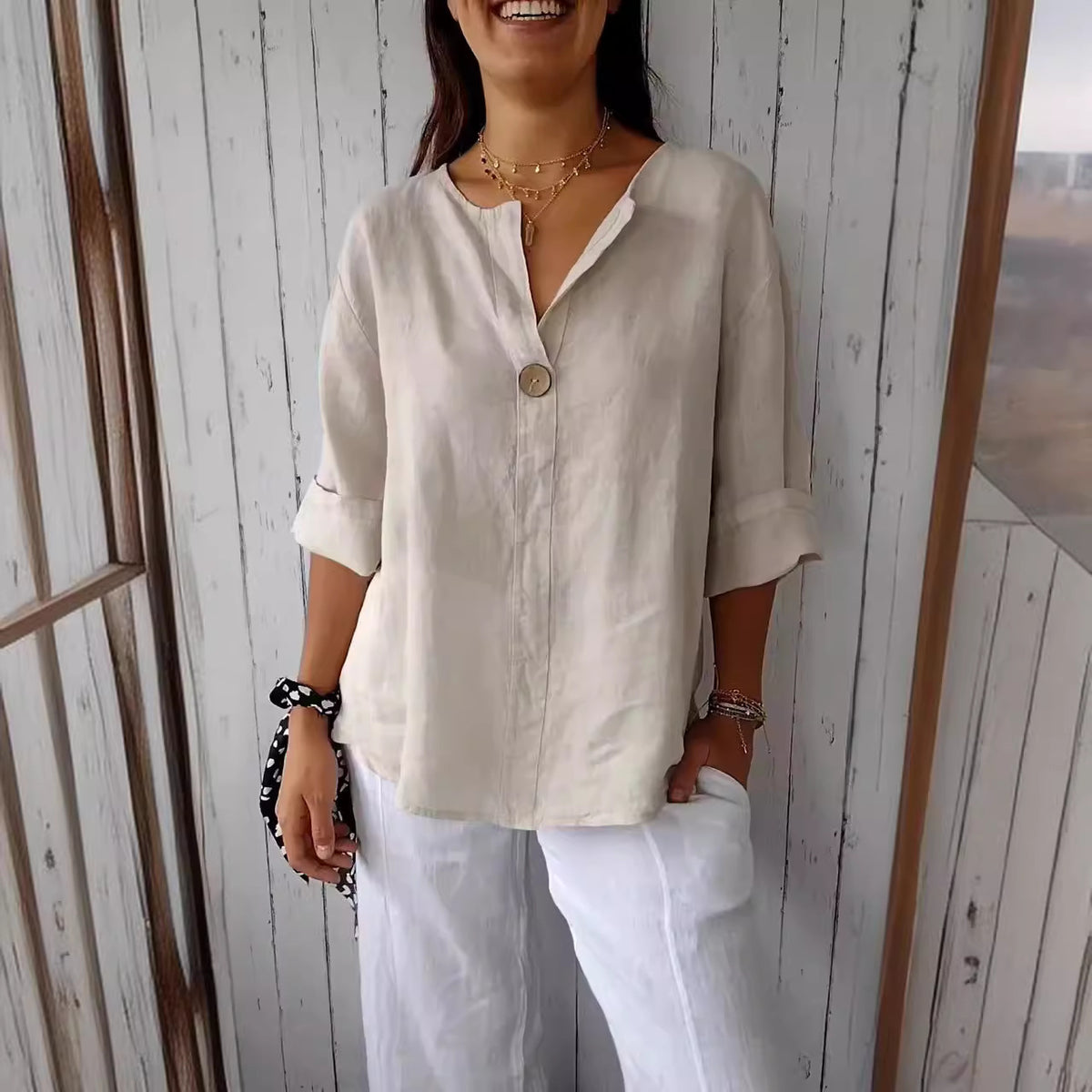 Women's V-Neck Long-Sleeve Button Top (photo 6)