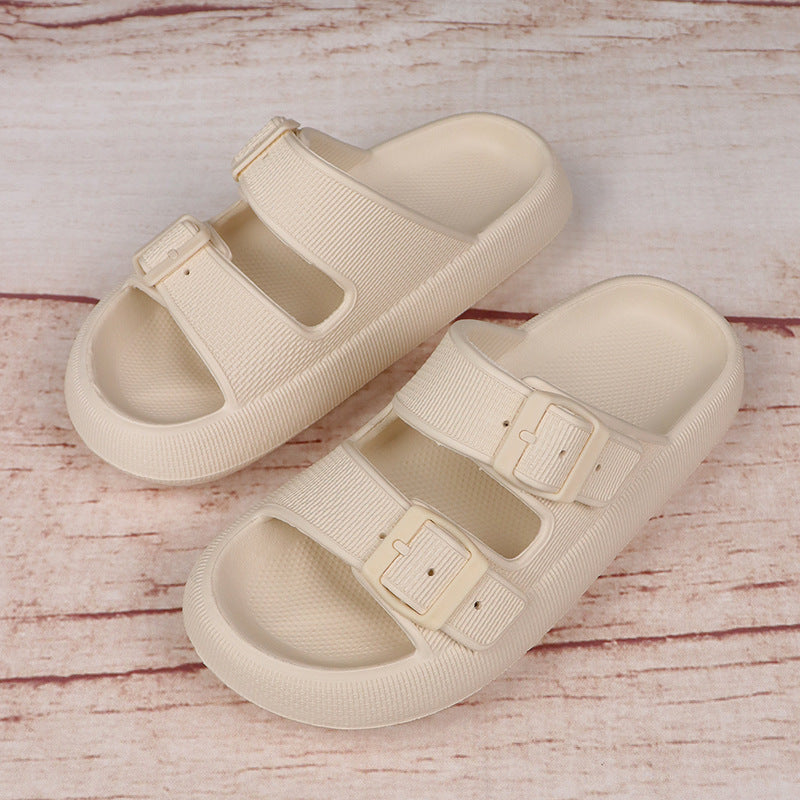 Platform Slide Sandals with Double Buckle, EVA – Beige White