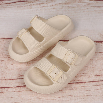 Platform Slide Sandals with Double Buckle, EVA – Beige White