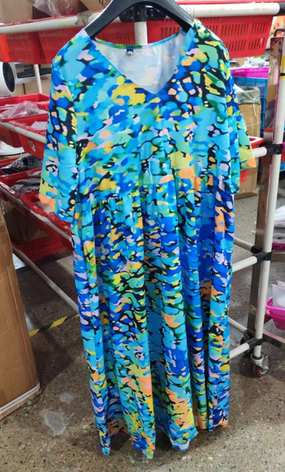 Women's Printed Chiffon V-Neck Short-Sleeve Dress (photo 16)