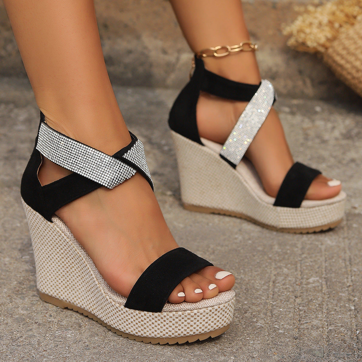 Women's Rhinestone Peep-Toe Platform Wedge Sandals (photo 4)
