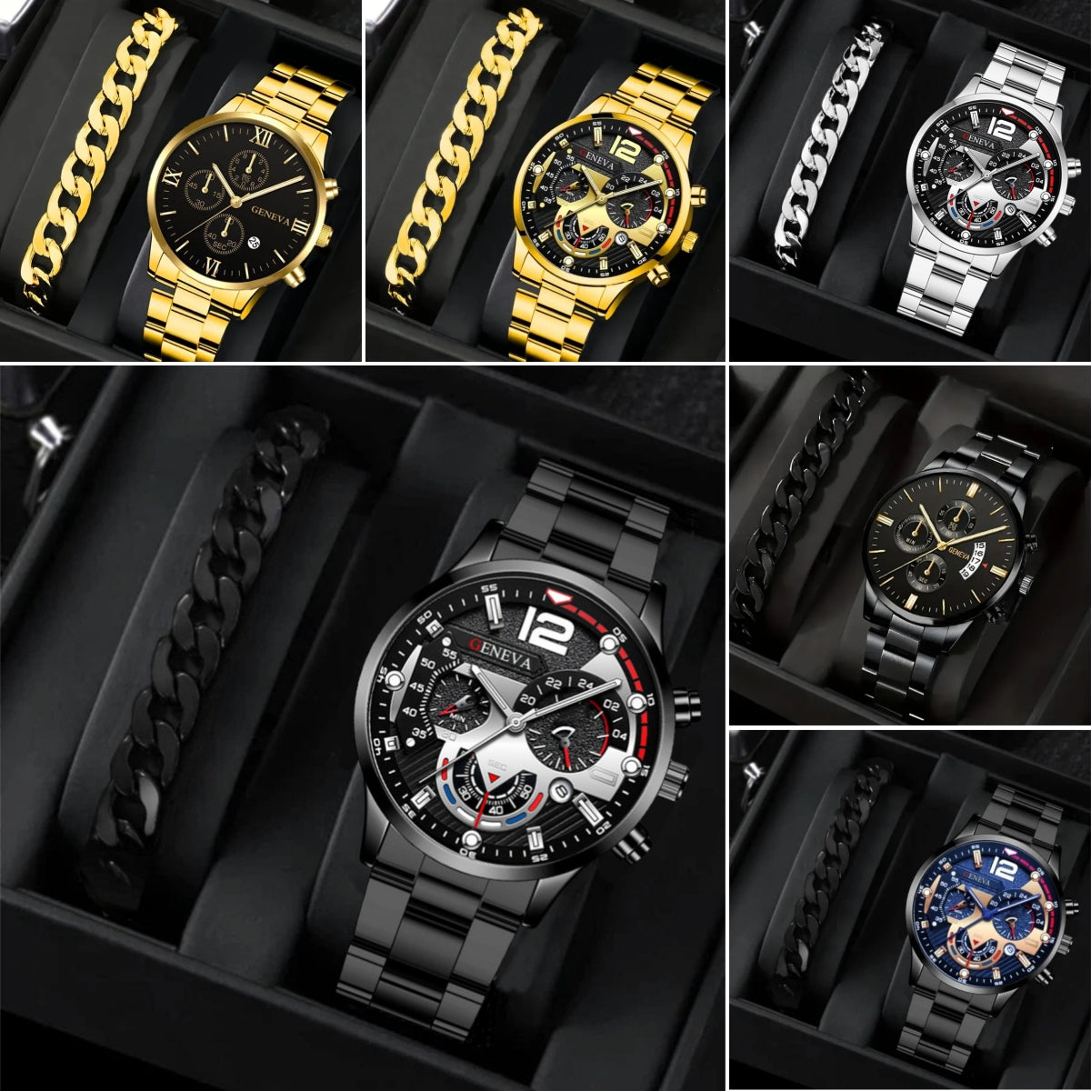 Men's Steel Strap Quartz Watch and Bracelet Set