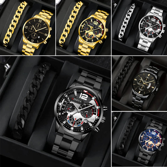 Men's Steel Strap Quartz Watch and Bracelet Set