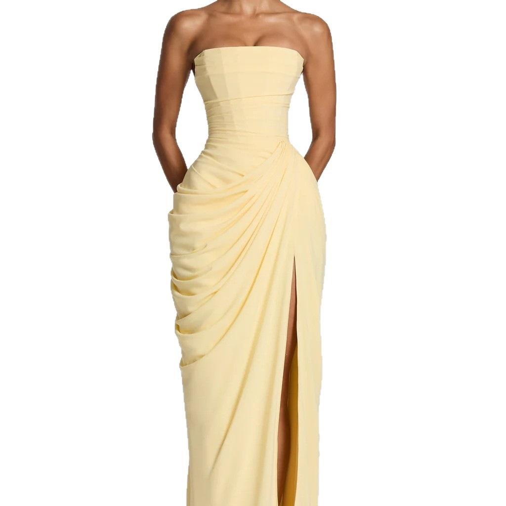 Women's Strapless Pleated Maxi Dress with Slit (photo 10)