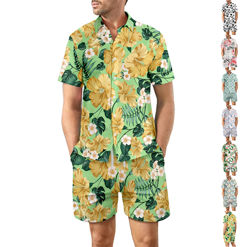 Men's Printed Beach Shirt and Drawstring Shorts Set