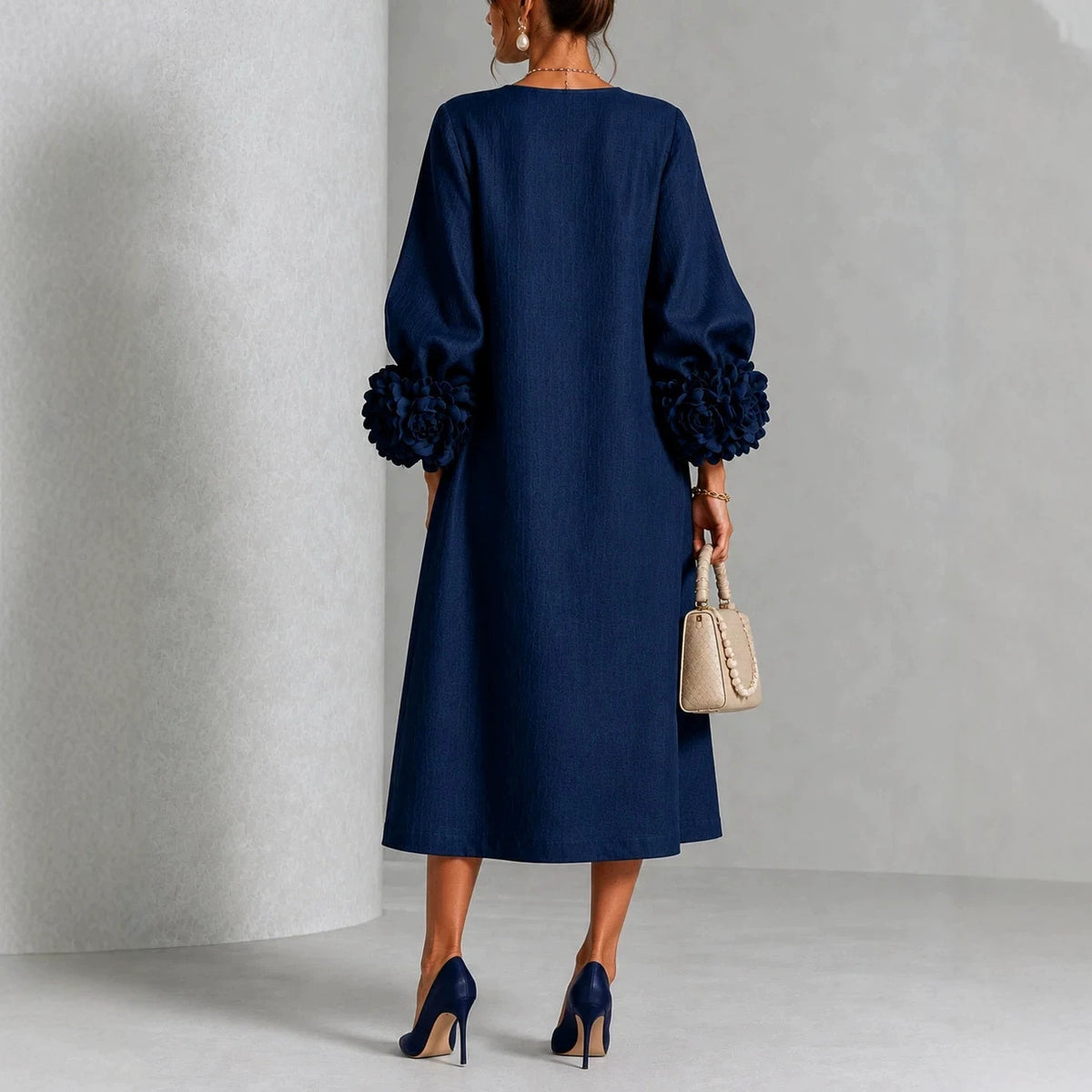 Women's A-Line Midi Dress with 3D Floral Details and Puff Sleeves (photo 3)