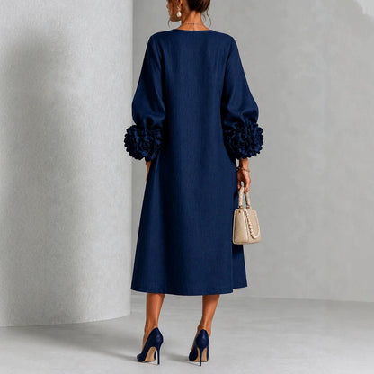 Women's A-Line Midi Dress with 3D Floral Details and Puff Sleeves (photo 3)