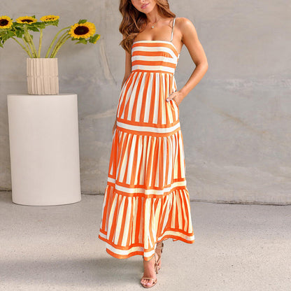 Women's Striped Strappy Maxi Dress with Pockets (photo 3)
