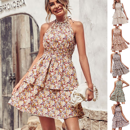 Women's Printed Halter Backless Ruffle Dress