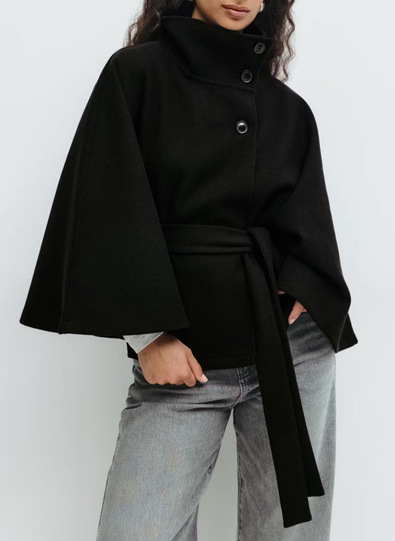 Women's High-Neck Batwing-Sleeve Belted Coat (photo 7)