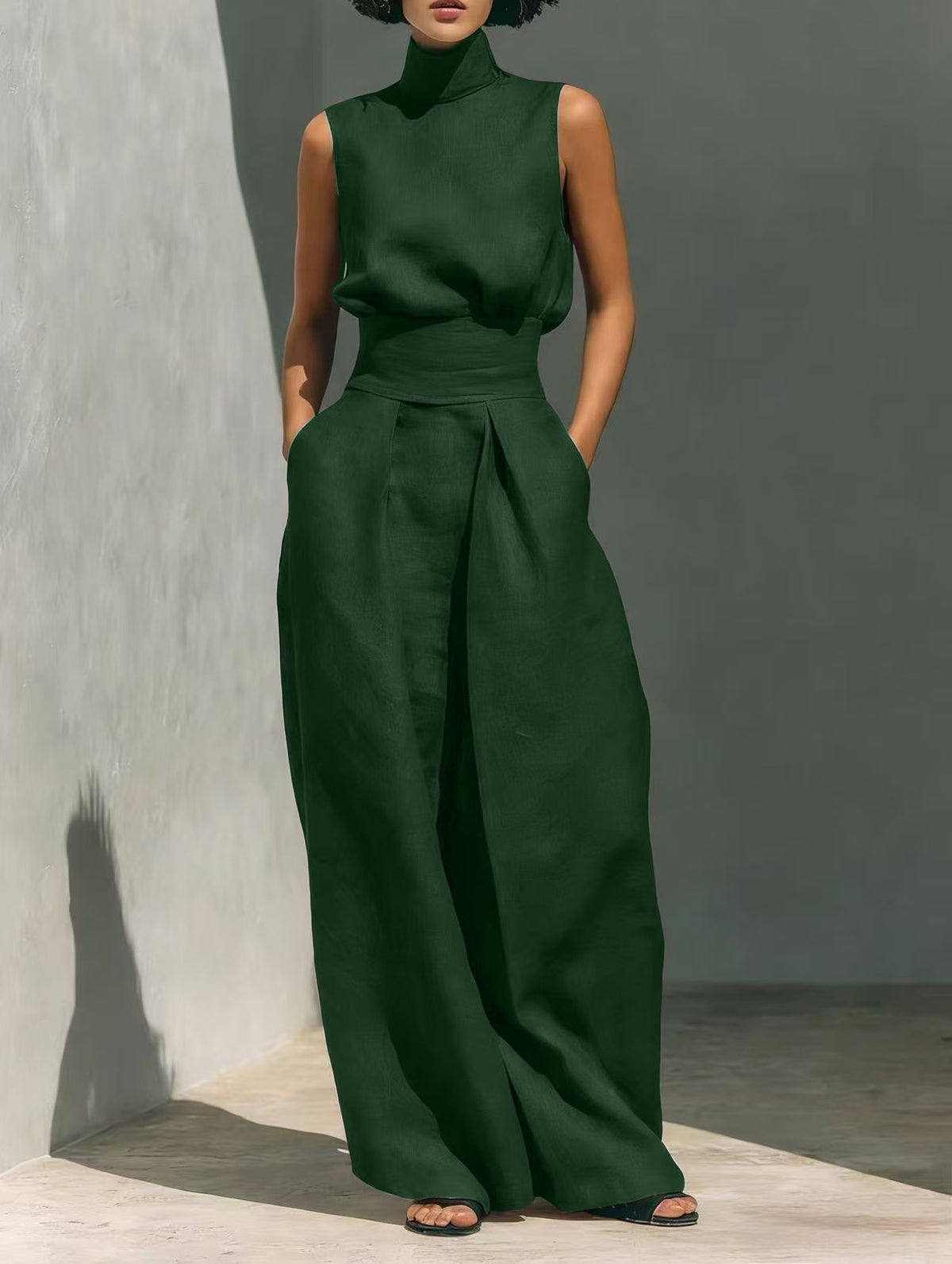 Women's Sleeveless Stand-Collar Top and Wide Pants Set (photo 13)