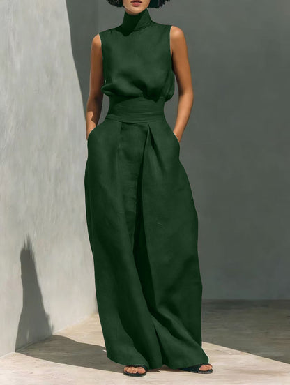 Women's Sleeveless Stand-Collar Top and Wide Pants Set (photo 13)