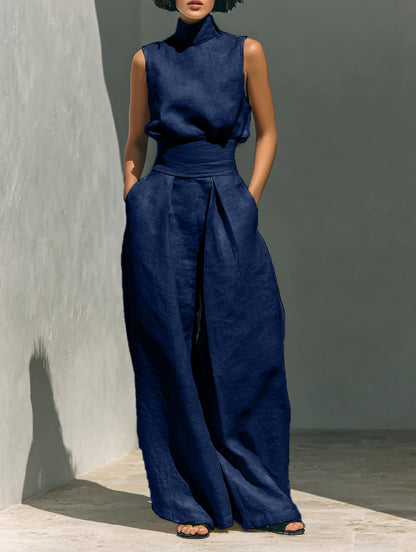 Women's Sleeveless Stand-Collar Top and Wide Pants Set (photo 9)
