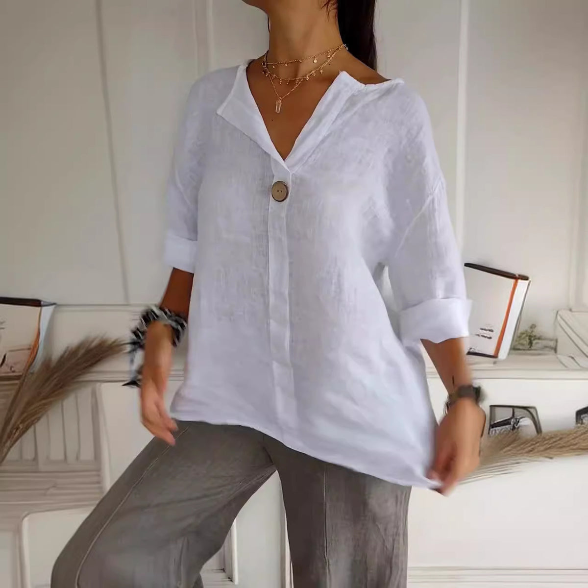 Women's V-Neck Long-Sleeve Button Top (photo 7)