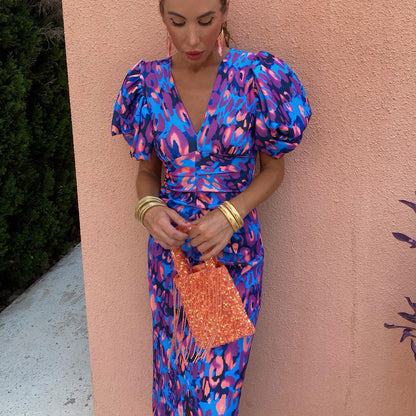 Women's Puff-Sleeve Floral V-Neck Long Dress