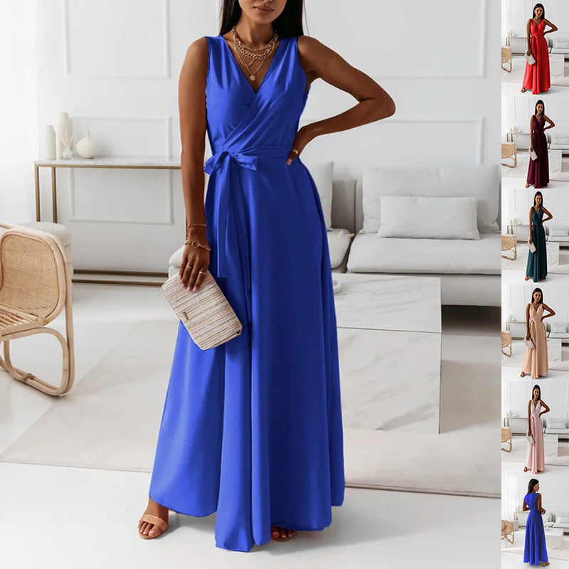 Women's V-Neck Sleeveless Maxi Dress with Belt
