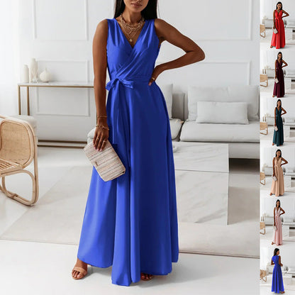 Women's V-Neck Sleeveless Maxi Dress with Belt