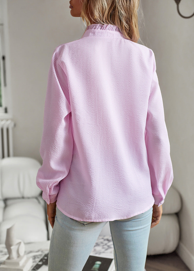 Women's Striped Ruffle Long-Sleeve Button-Up Blouse (photo 3)