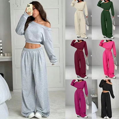 Women's One-Shoulder Sweatshirt and Tie-Waist Trousers Set