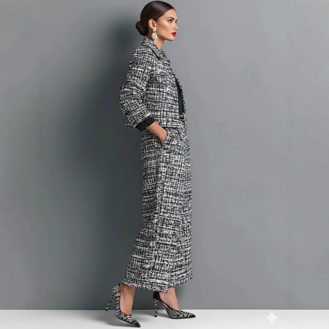 Women's Plaid Cropped Blazer and Wide-Leg Pants Set (photo 2)