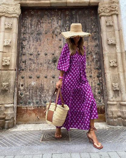 Women's Boho Print V-Neck Short-Sleeve Long Dress (photo 7)