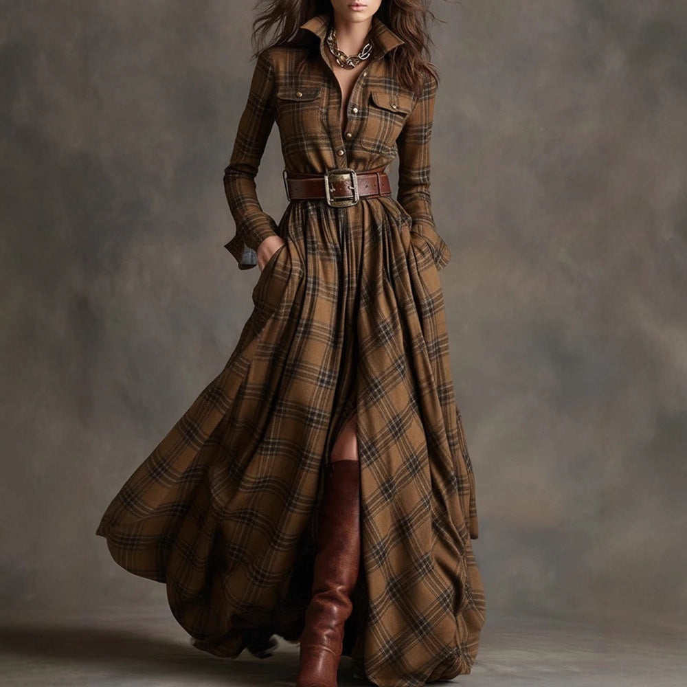 Women's Plaid Long-Sleeve Shirt Dress with Pockets (photo 4)