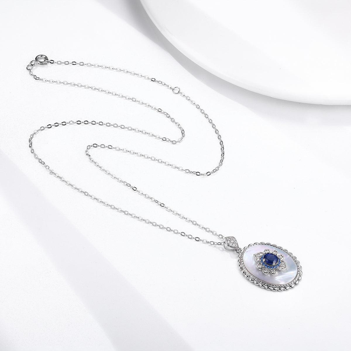 Oval Blue Stone Pendant Necklace, 925 Sterling Silver (photo 3)