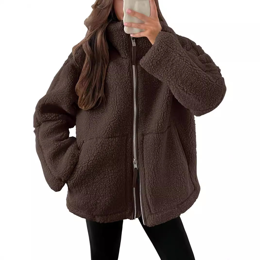Women's Lapel Zip-Up Fleece Coat with Pockets (photo 5)