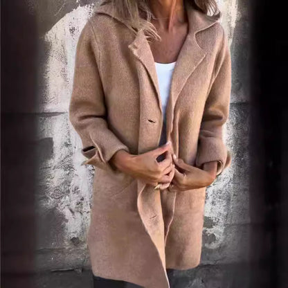 Women's Lapel Single-Breasted Mid-Length Coat with Pockets (photo 2)
