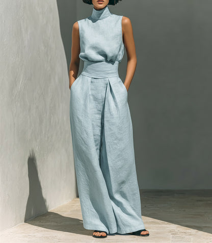 Women's Sleeveless Stand-Collar Top and Wide Pants Set (photo 6)