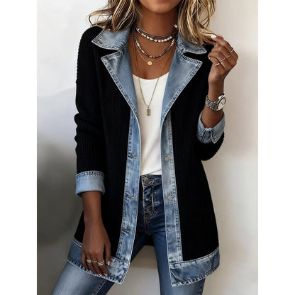Women's Patchwork Button-Down Shirt Jacket with Lapel Collar (photo 5)