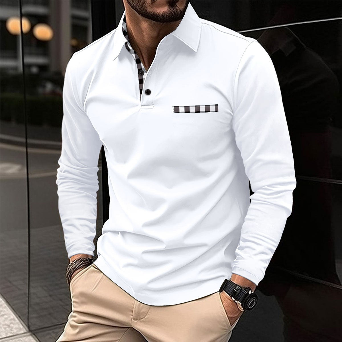 Men's Plaid-Panel Lapel Long-Sleeve Polo Shirt (photo 10)