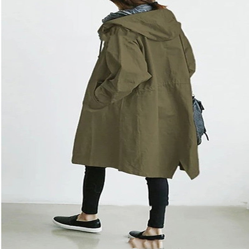 Women's Hooded Long Windbreaker with Buttons (photo 10)