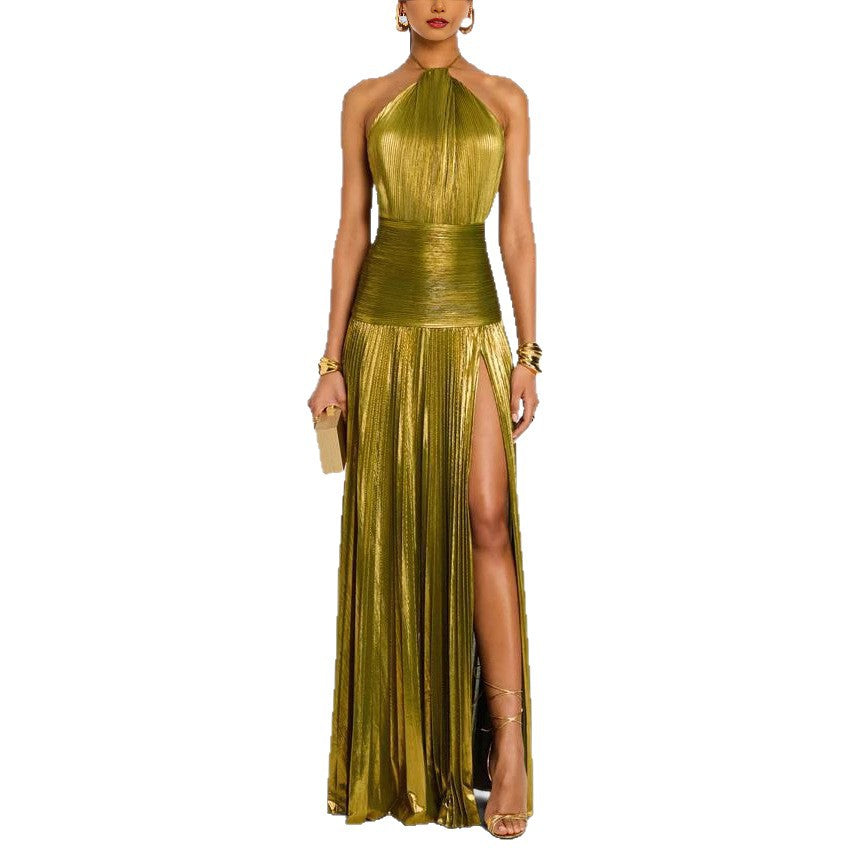 Women's Pleated Halter-Neck Maxi Dress with Slit (photo 8)