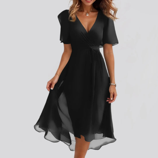 Women's Printed Chiffon V-Neck Short-Sleeve Dress (photo 12)