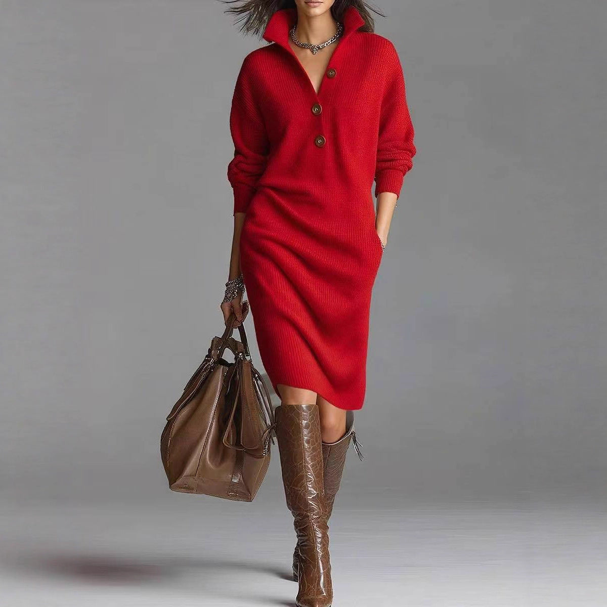 Women's Stand-Collar V-Neck Sweater Dress (photo 3)