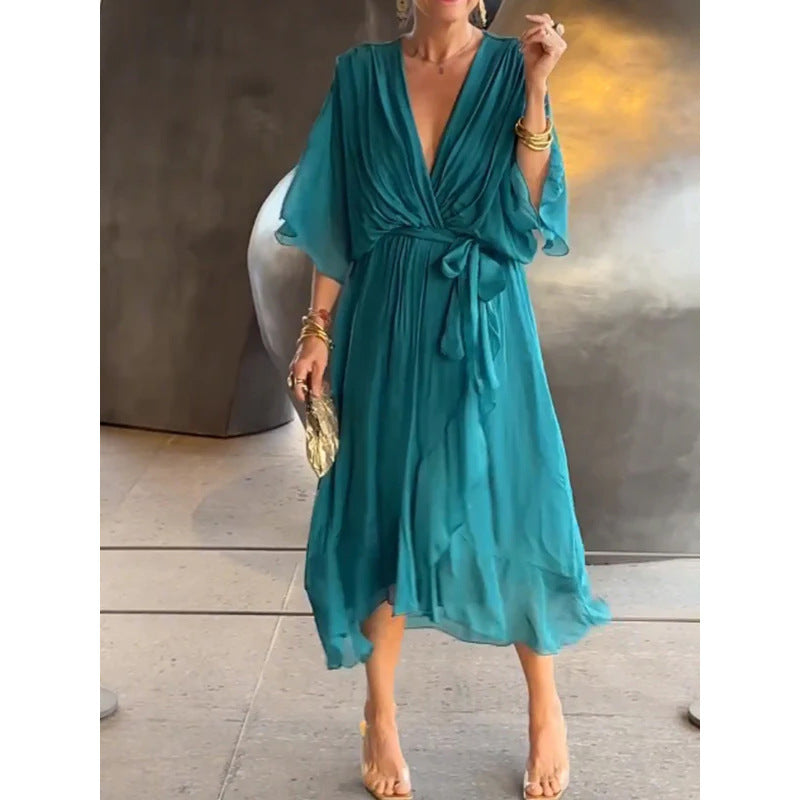 Women's Batwing-Sleeve V-Neck Tie-Waist Midi Dress (photo 10)