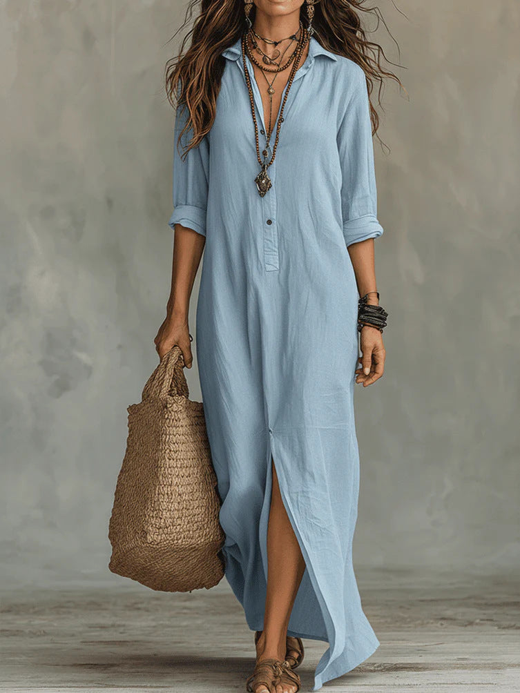 Women's Lapel-Collar Shirt Dress with Side Slit (photo 11)