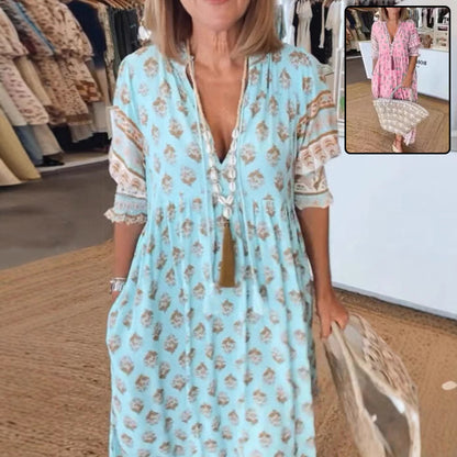 Women's Boho Print Lantern-Sleeve Ruffle Maxi Dress