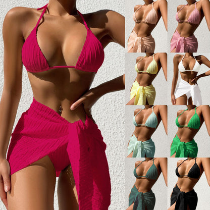 Women's 3-Piece Halter Bikini with Mesh Skirt