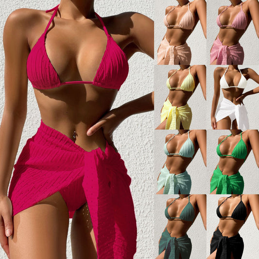 Women's 3-Piece Halter Bikini with Mesh Skirt