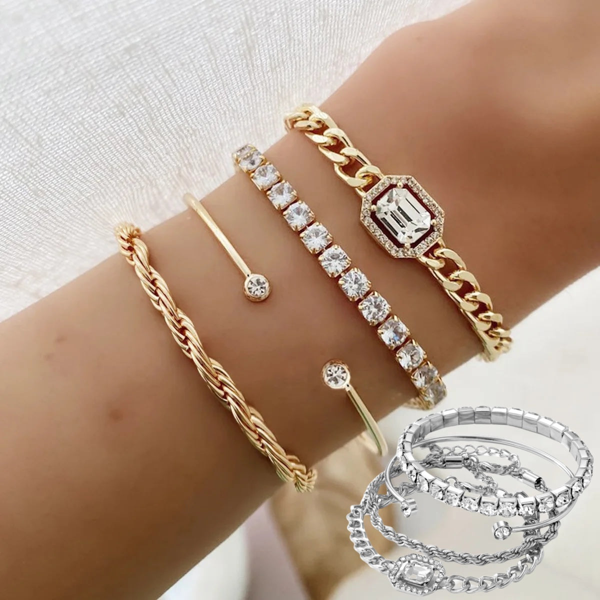 4-Piece Rhinestone Bracelet Set