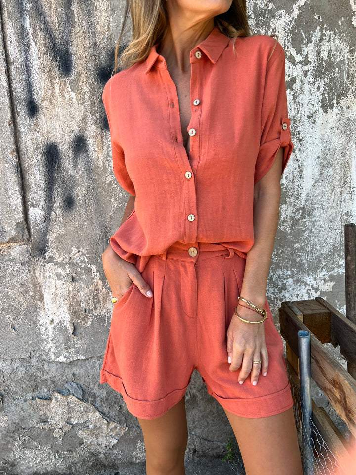 Women's Short-Sleeve Lapel Shirt and Shorts Set (photo 2)
