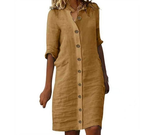 Women's Half-Sleeve V-Neck Button-Front Shirt Dress (photo 16)